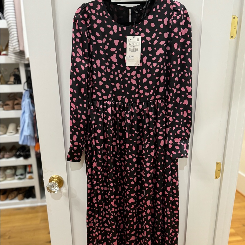 Zara Black Midi Dress with Pink Spot Pattern